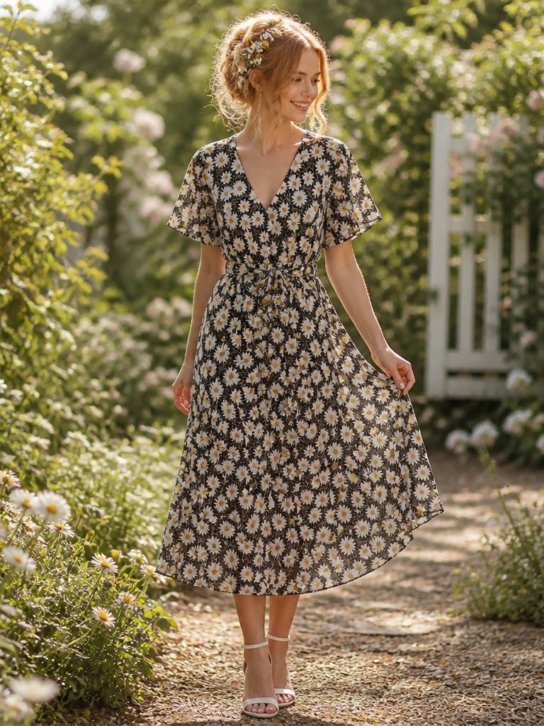 Rewind Black Daisy-Print Vneck Wrap Midi Dress